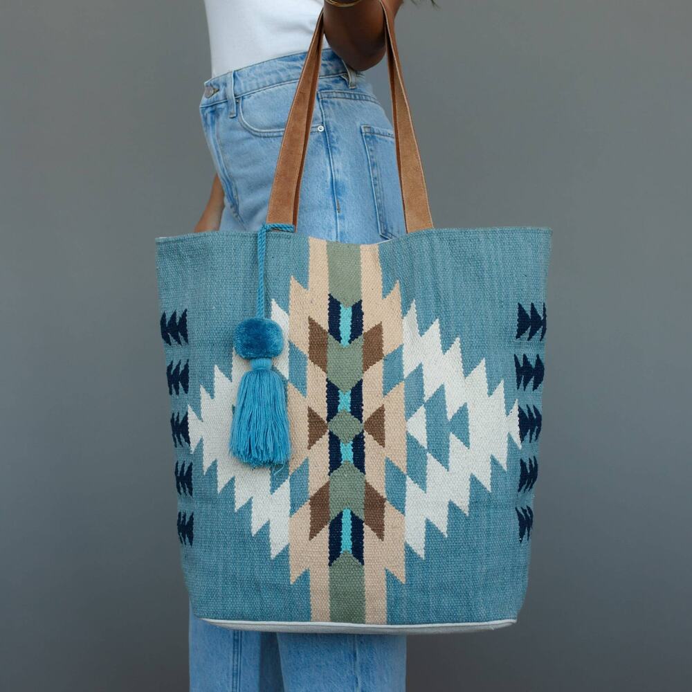 Light Blue Cream Tan Western Woven Cotton Tote Bag Boho Pom Tassel Tote
